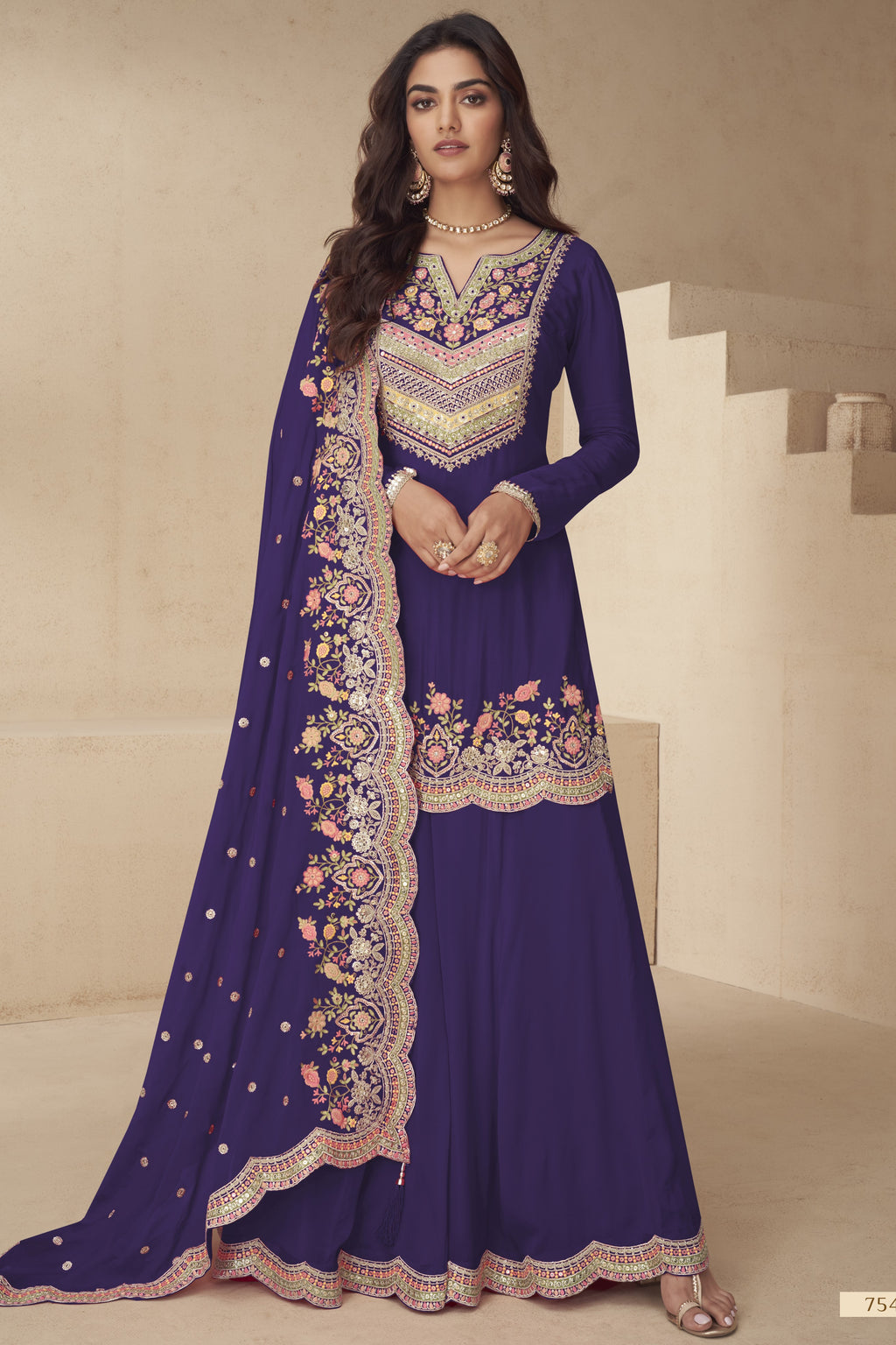 Palazo for Sangeet Violet Chinon Silk Palazzo Suit with Thread and Sequins Embroidery