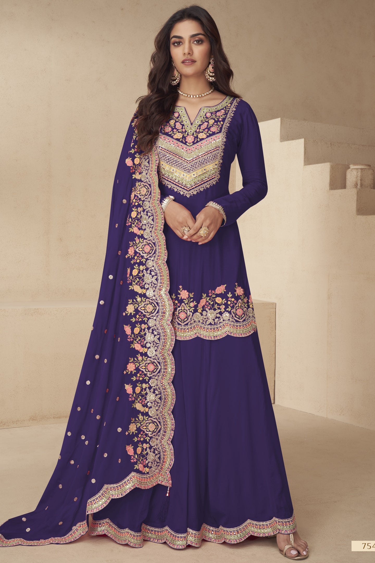 Palazo for Sangeet Violet Chinon Silk Palazzo Suit with Thread and Sequins Embroidery