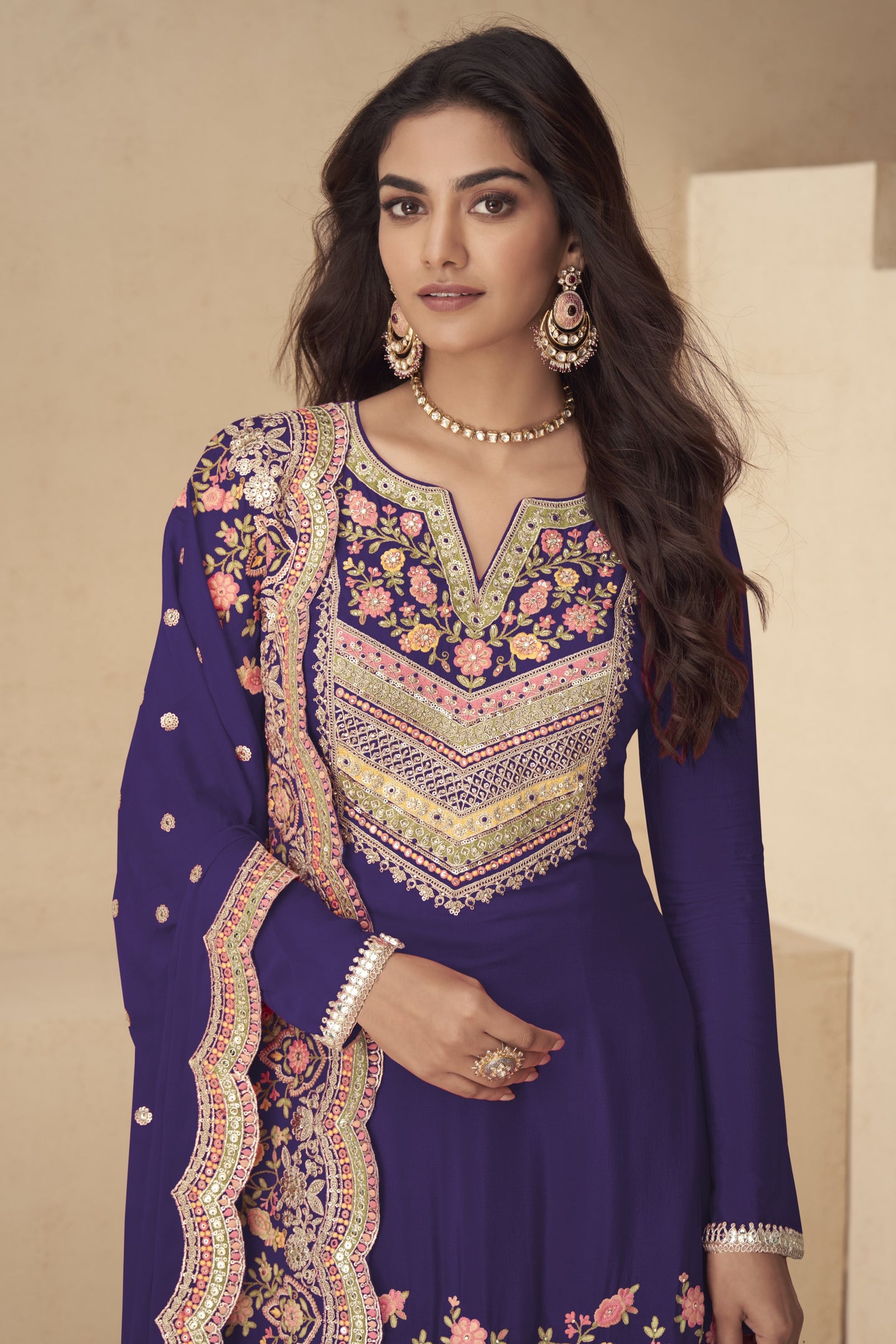 Palazo for Sangeet Violet Chinon Silk Palazzo Suit with Thread and Sequins Embroidery