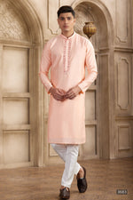 Pale Peach Art Silk Kurta and Pajama for Men with Real Mirror Work