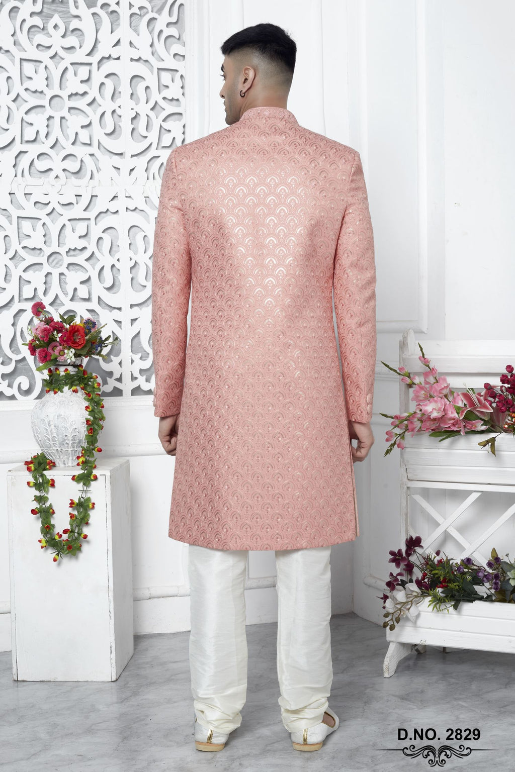 Pale Peach Art Silk Sherwani for Men Wedding with Embroidery Work