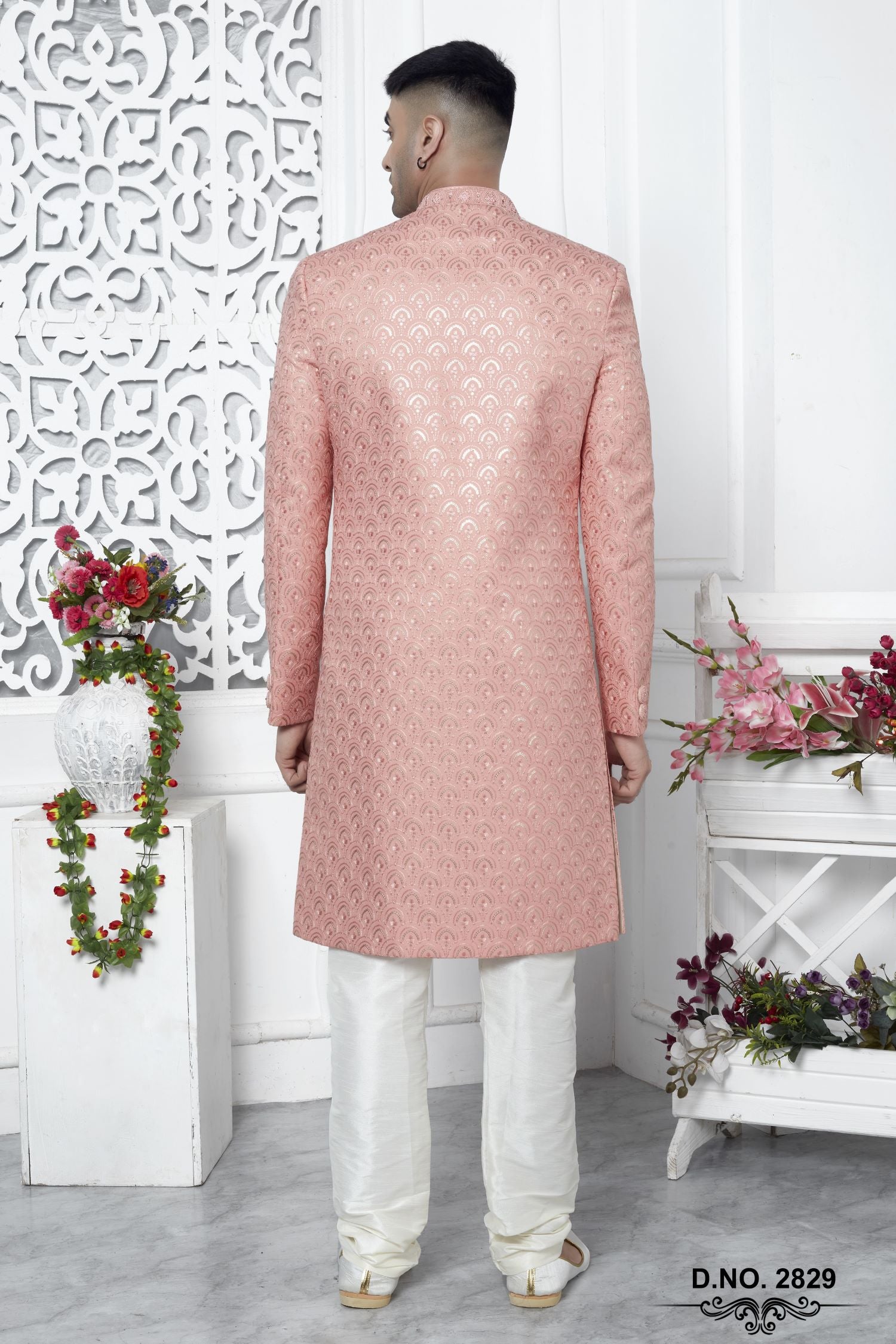 Pale Peach Art Silk Sherwani for Men Wedding with Embroidery Work