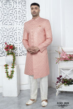 Pale Peach Art Silk Sherwani for Men Wedding with Embroidery Work