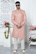 Pale Peach Art Silk Sherwani for Men Wedding with Embroidery Work