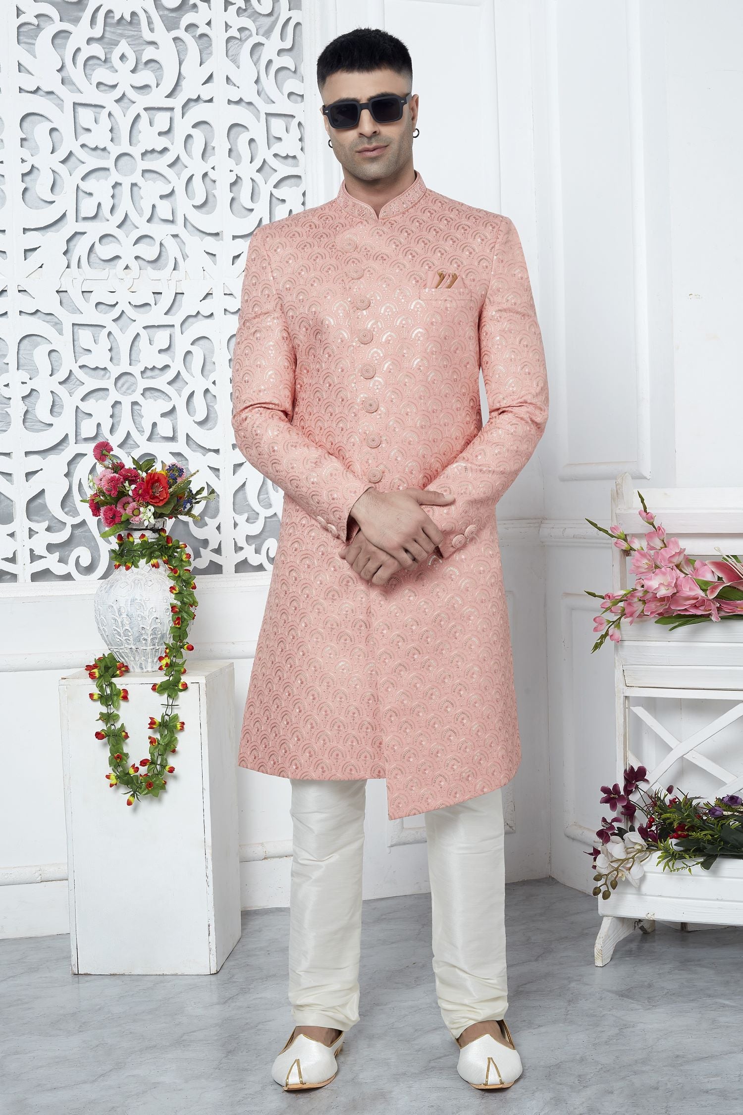 Pale Peach Art Silk Sherwani for Men Wedding with Embroidery Work