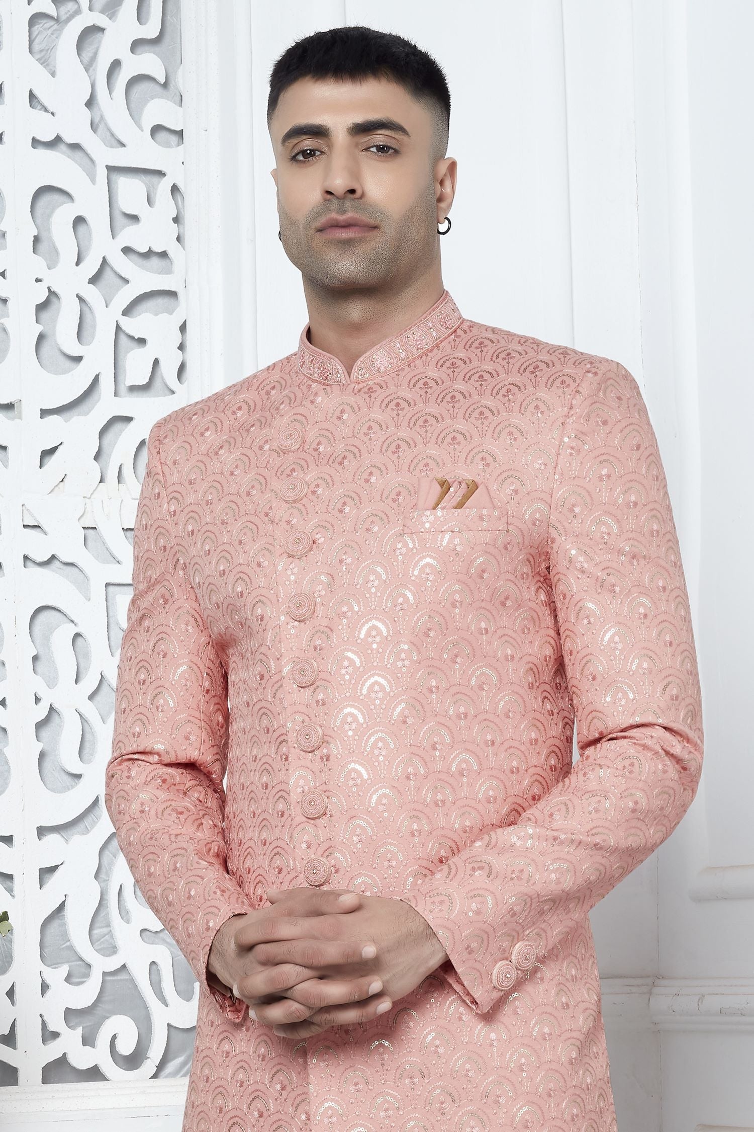 Pale Peach Art Silk Sherwani for Men Wedding with Embroidery Work