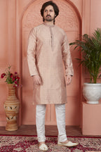 Pale Peach Jacquard Silk Plain Straight Kurta Pajama for Men for Festival & Wedding