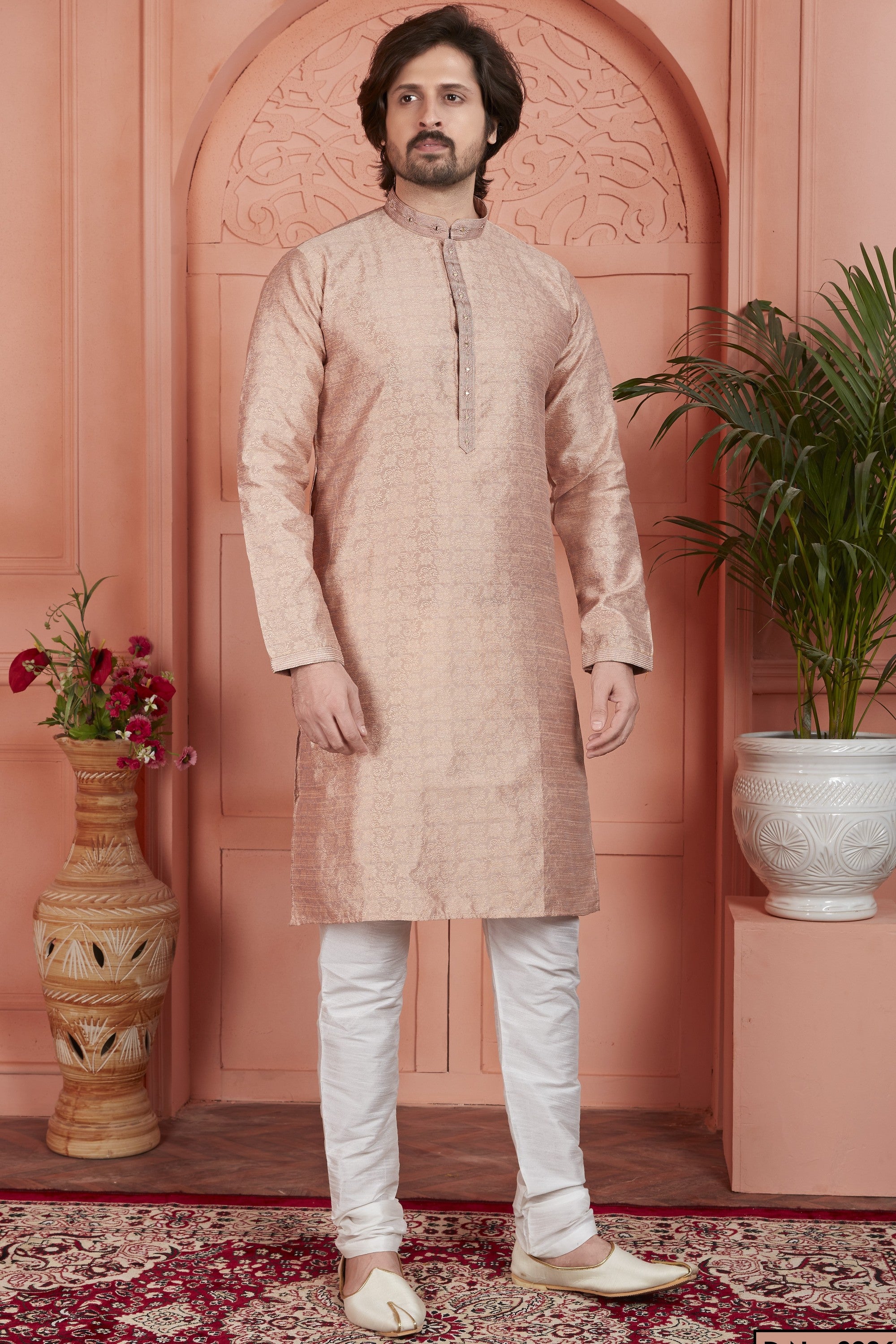 Pale Peach Jacquard Silk Plain Straight Kurta Pajama for Men for Festival & Wedding