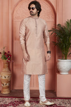 Pale Peach Jacquard Silk Plain Straight Kurta Pajama for Men for Festival & Wedding