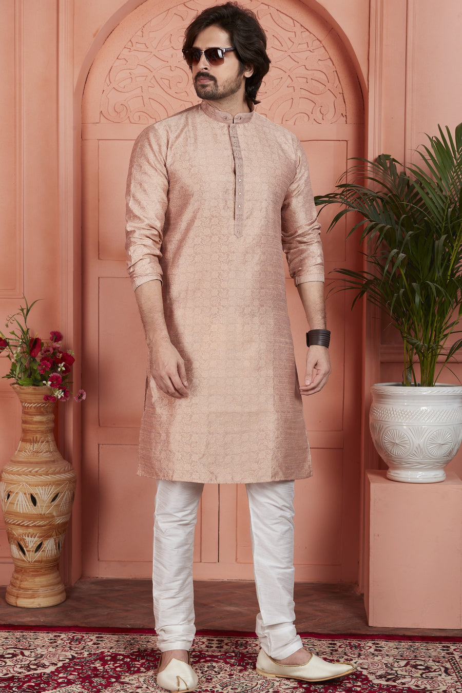 Pale Peach Jacquard Silk Plain Straight Kurta Pajama for Men for Festival & Wedding
