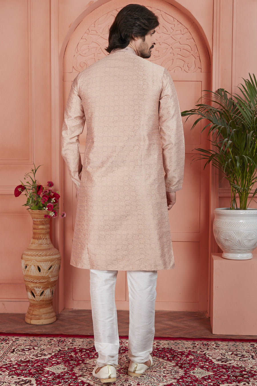 Pale Peach Jacquard Silk Plain Straight Kurta Pajama for Men for Festival & Wedding