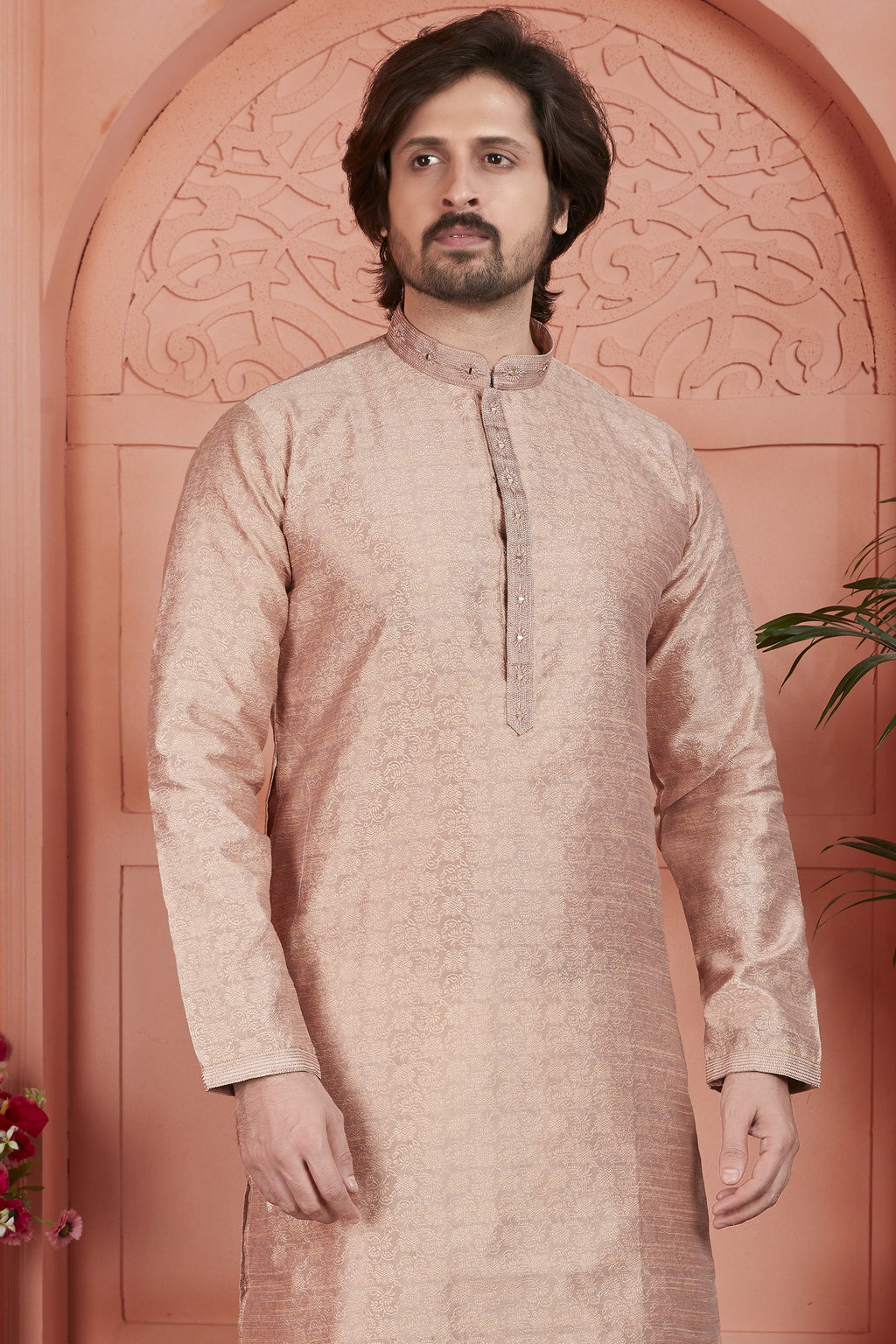 Pale Peach Jacquard Silk Plain Straight Kurta Pajama for Men for Festival & Wedding