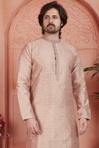 Pale Peach Jacquard Silk Plain Straight Kurta Pajama for Men for Festival & Wedding