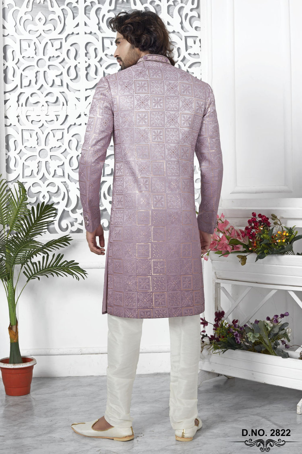 Pale Pink Art Silk Sherwani for Men Wedding with Embroidery Work