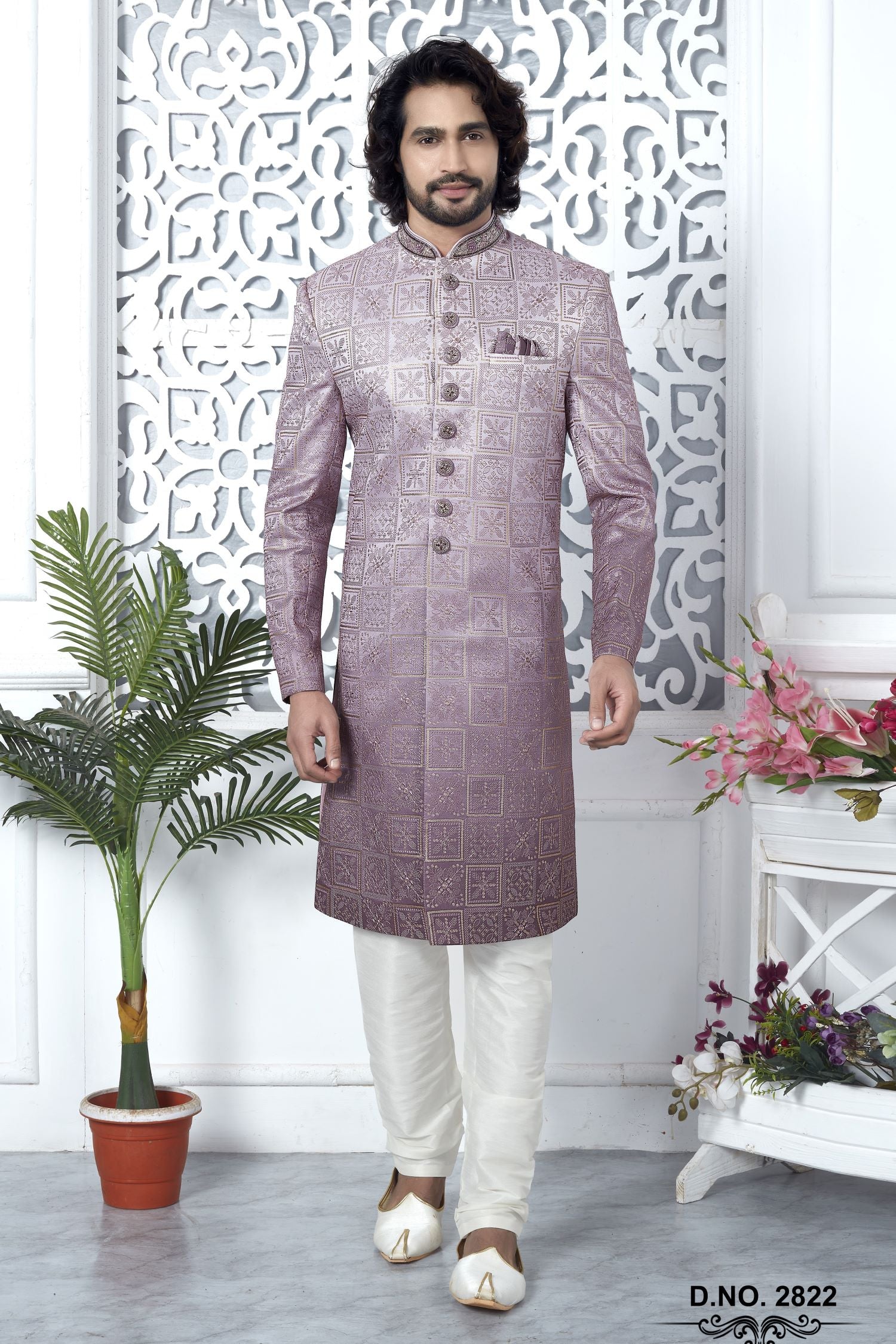 Pale Pink Art Silk Sherwani for Men Wedding with Embroidery Work