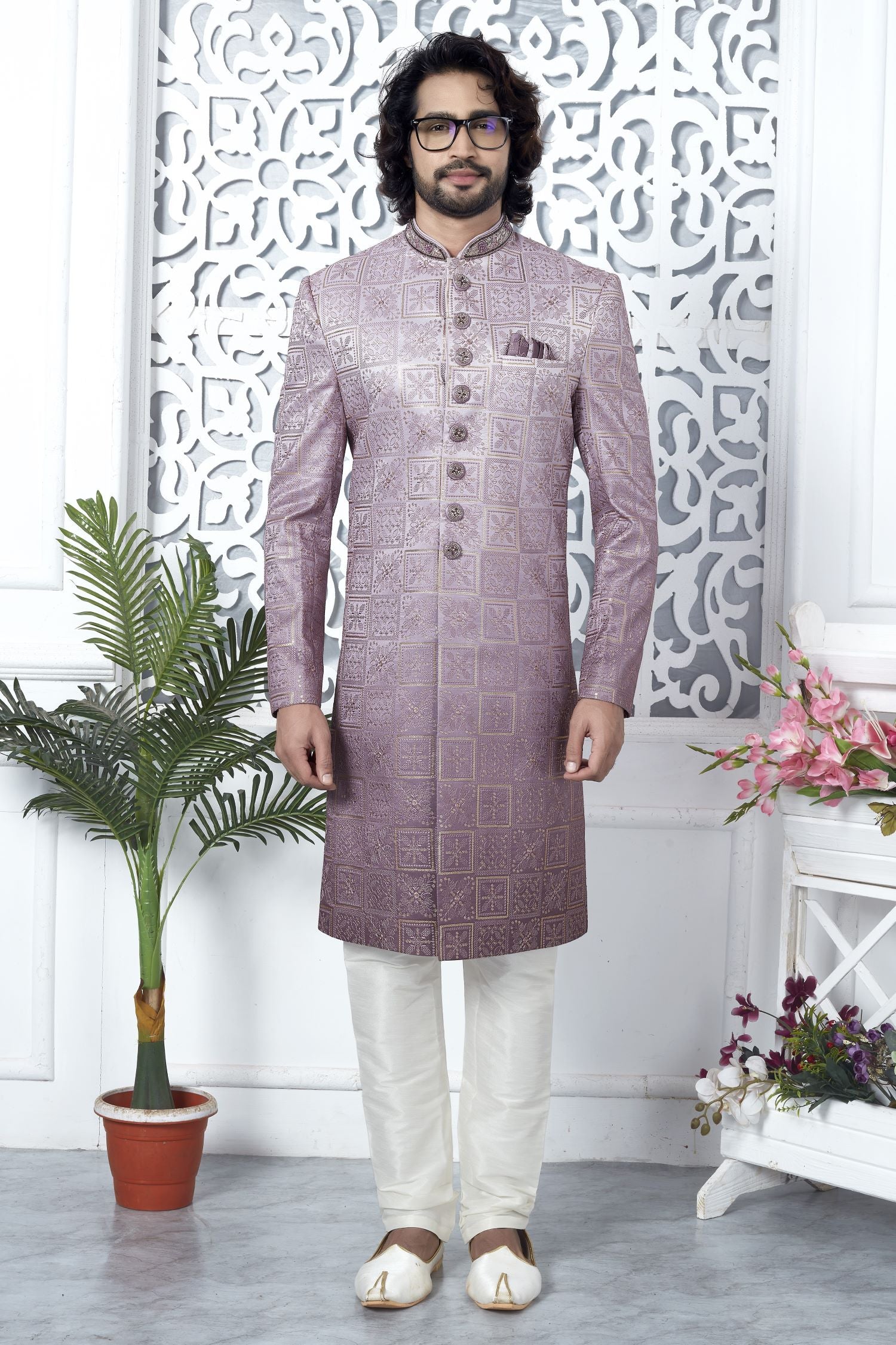Pale Pink Art Silk Sherwani for Men Wedding with Embroidery Work