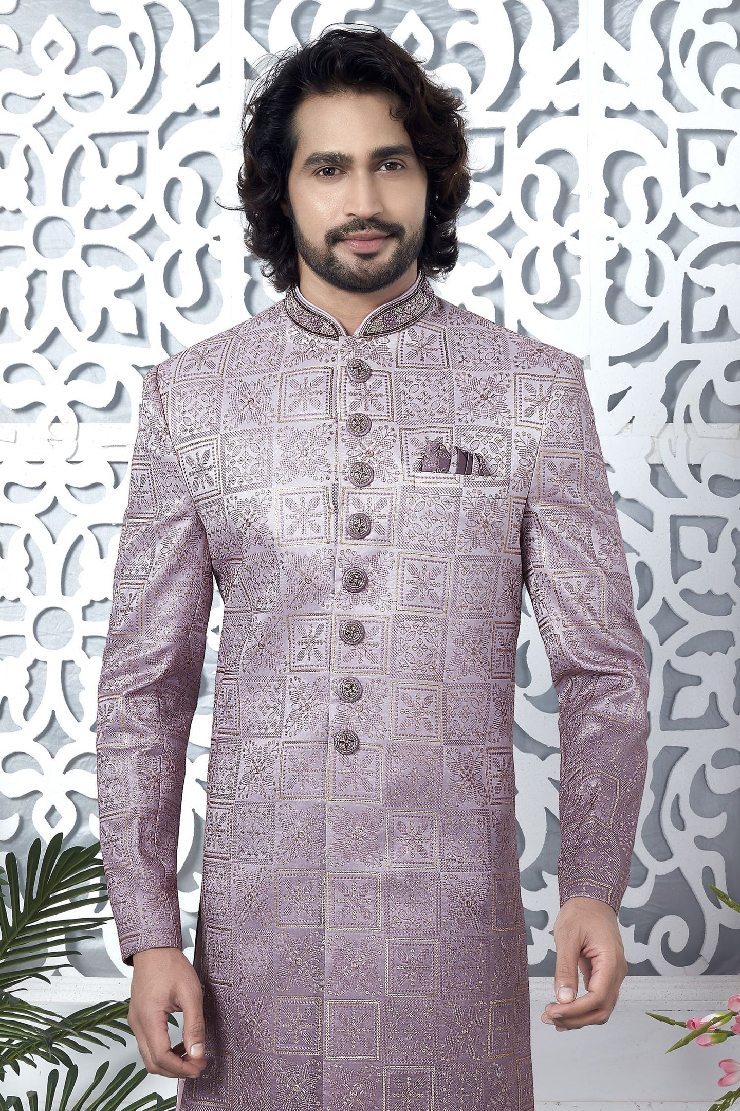 Pale Pink Art Silk Sherwani for Men Wedding with Embroidery Work
