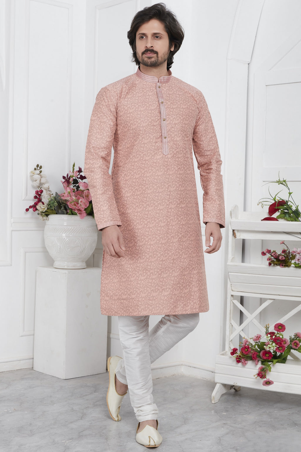Pale Pink Jacquard Silk Plain Straight Kurta Pajama for Men for Wedding & Festival