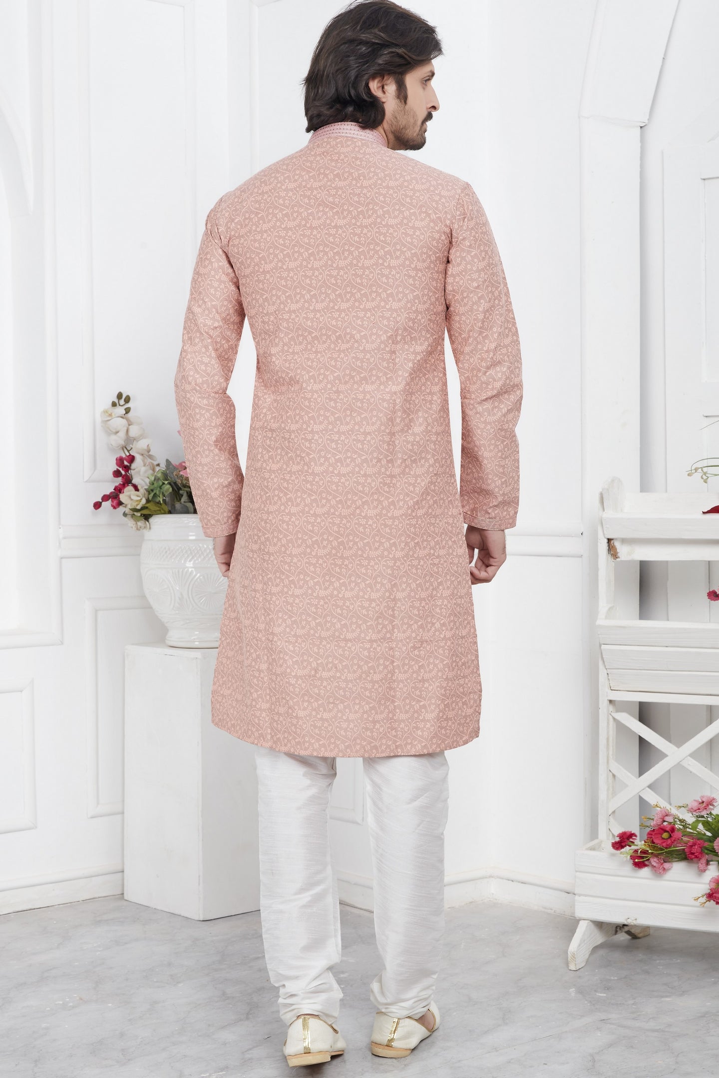 Pale Pink Jacquard Silk Plain Straight Kurta Pajama for Men for Wedding & Festival