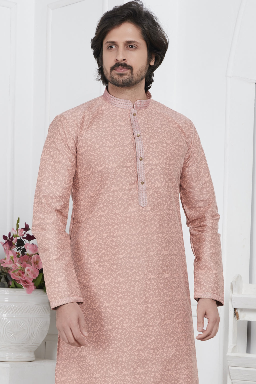 Pale Pink Jacquard Silk Plain Straight Kurta Pajama for Men for Wedding & Festival