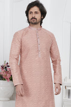 Pale Pink Jacquard Silk Plain Straight Kurta Pajama for Men for Wedding & Festival