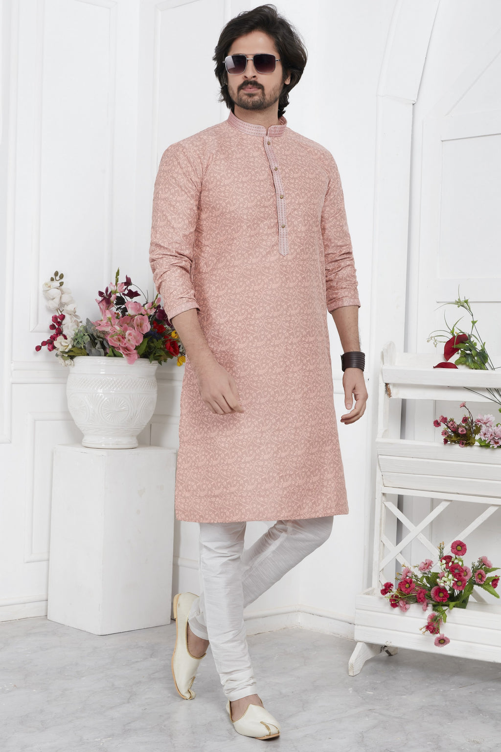 Pale Pink Jacquard Silk Plain Straight Kurta Pajama for Men for Wedding & Festival