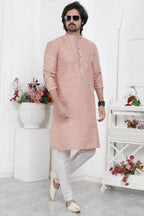 Pale Pink Jacquard Silk Plain Straight Kurta Pajama for Men for Wedding & Festival