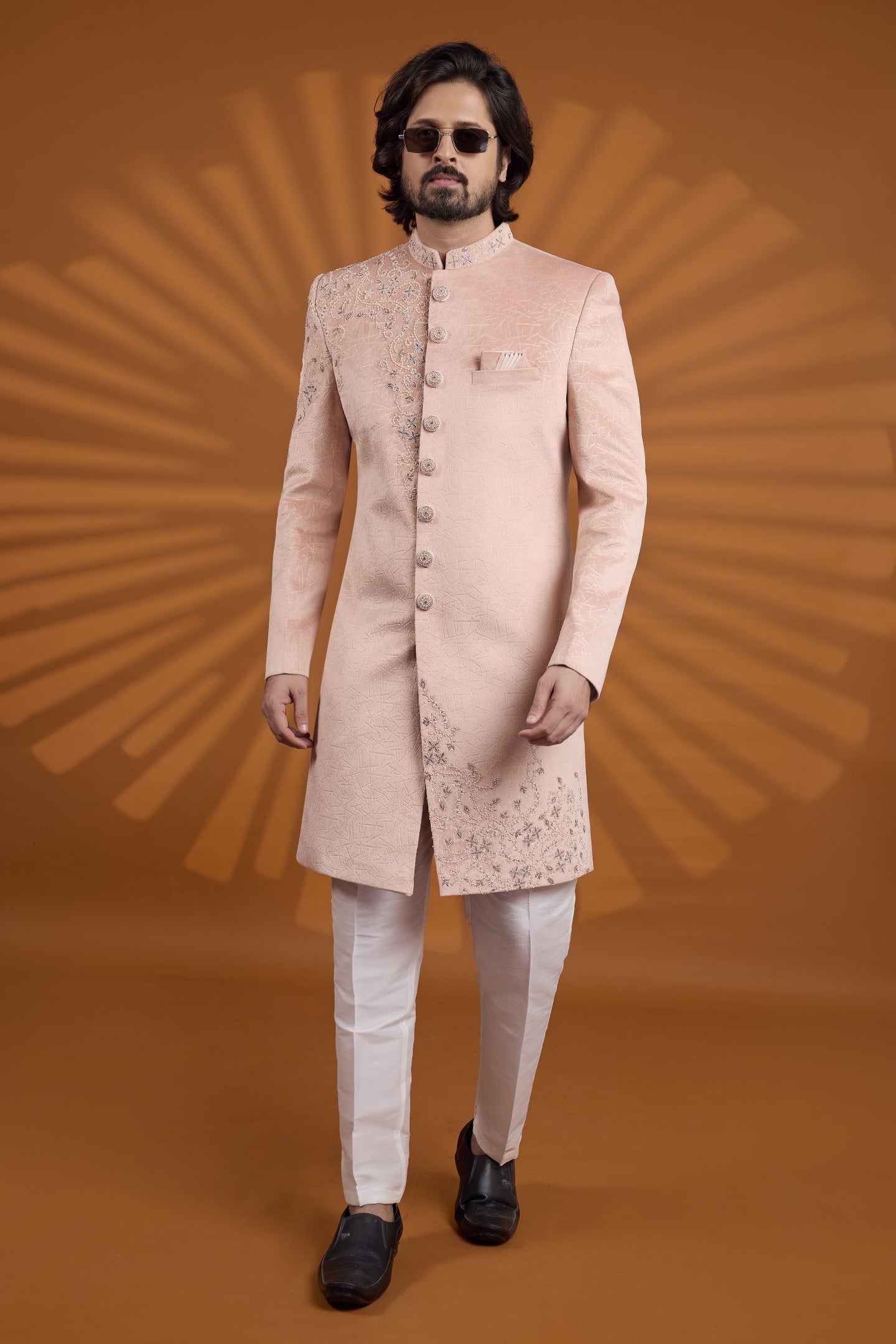 Rose Velvet Indian Wedding Suits for Men with Embroidery Kurta Pajama