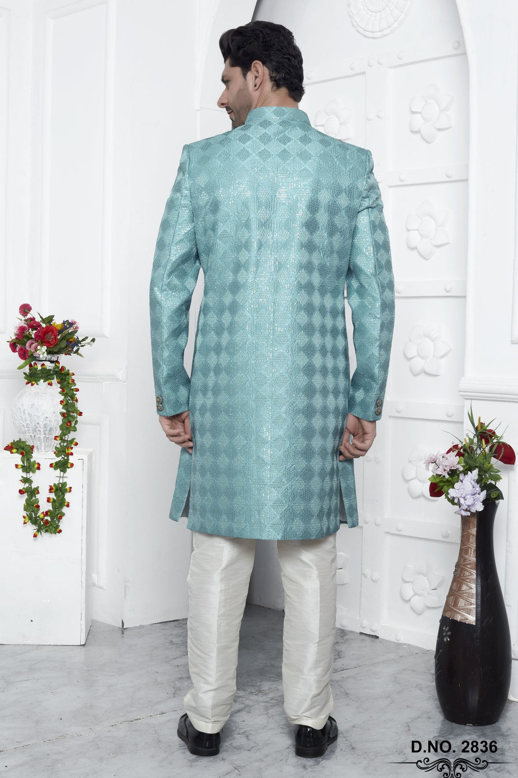 Pastel Blue Art Silk Embroidery Work Wedding Kurta for Men & Pajama Sherwani