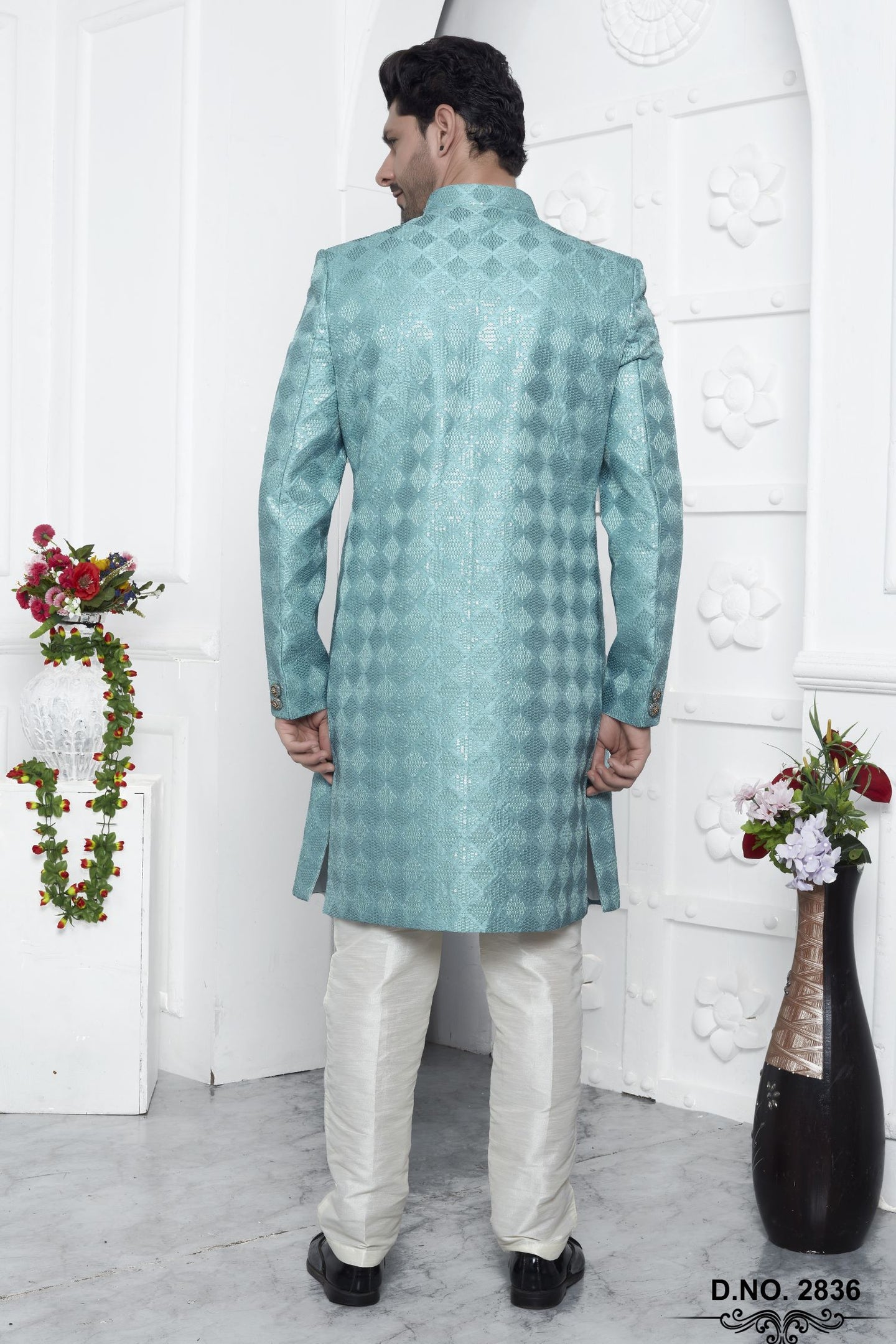 Pastel Blue Art Silk Embroidery Work Wedding Kurta for Men & Pajama Sherwani