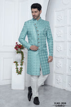 Pastel Blue Art Silk Embroidery Work Wedding Kurta for Men & Pajama Sherwani