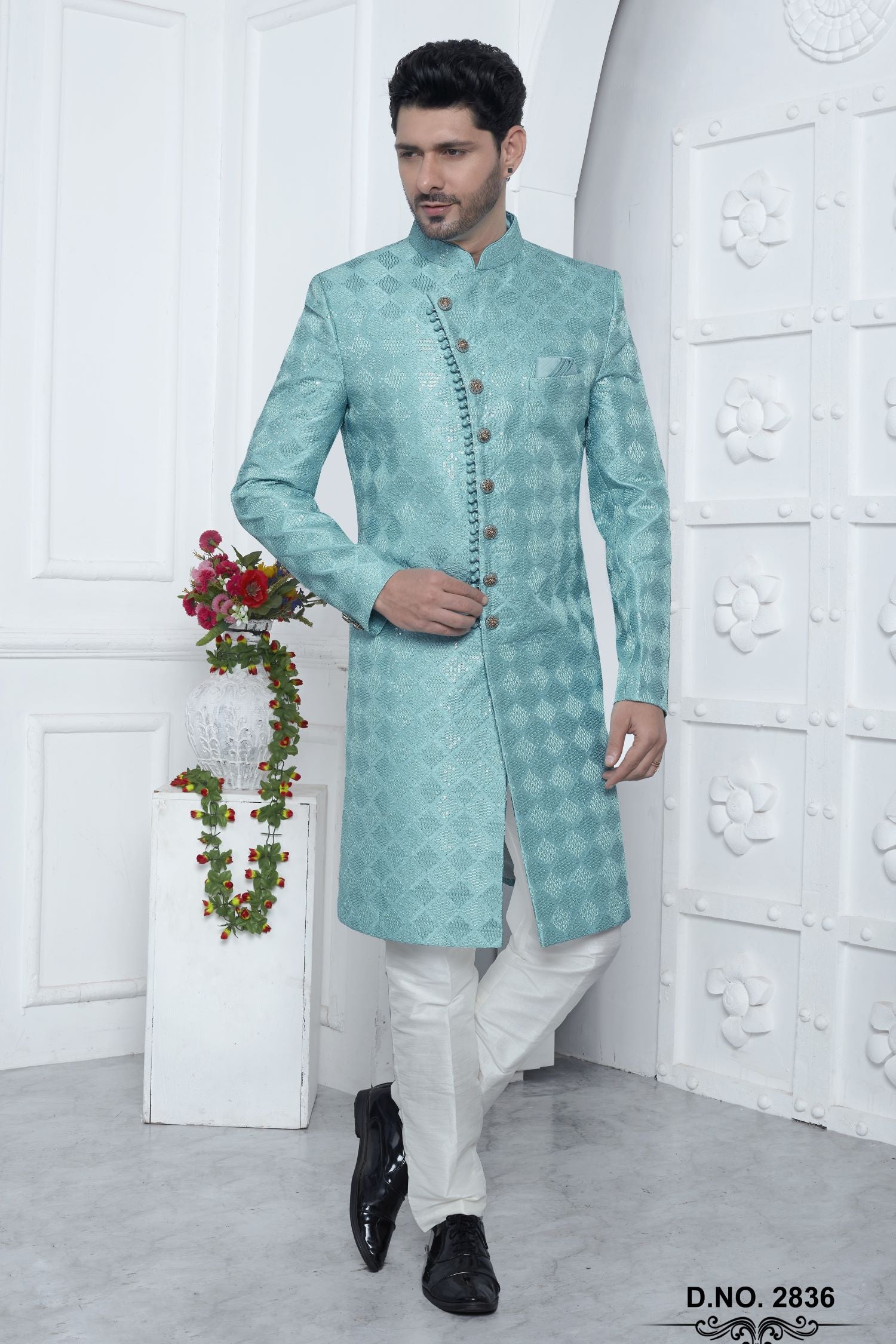 Pastel Blue Art Silk Embroidery Work Wedding Kurta for Men & Pajama Sherwani