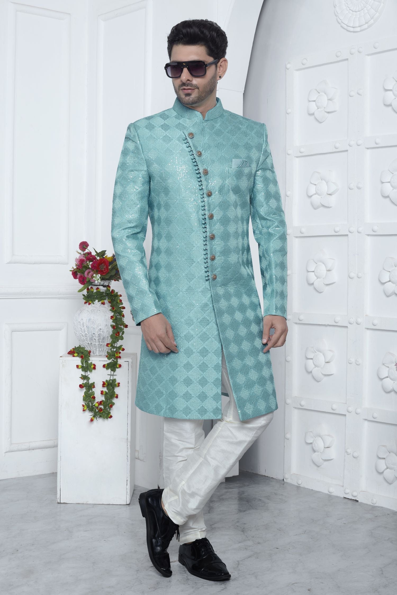 Pastel Blue Art Silk Embroidery Work Wedding Kurta for Men & Pajama Sherwani