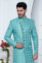 Pastel Blue Art Silk Embroidery Work Wedding Kurta for Men & Pajama Sherwani