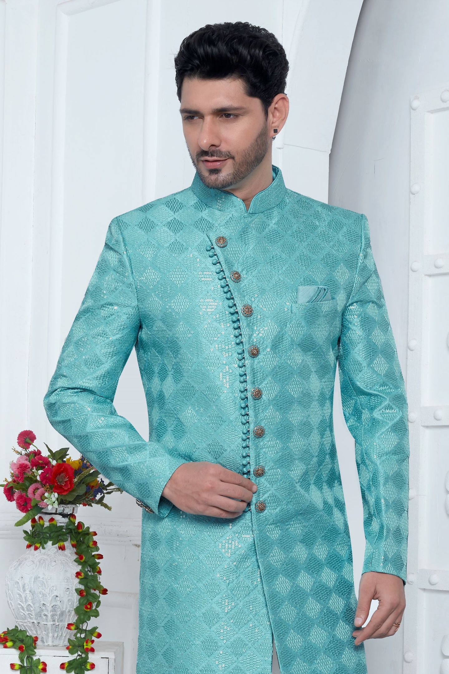 Pastel Blue Art Silk Embroidery Work Wedding Kurta for Men & Pajama Sherwani