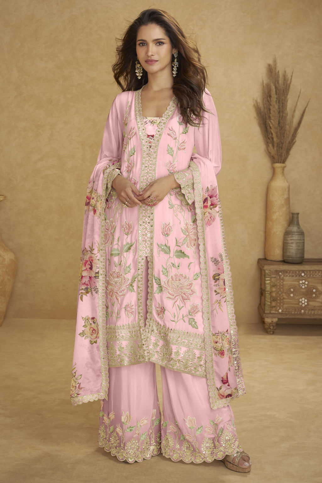 Pastel Pink Chinon Silk Flower Pastel Plazo Suits For Indian & Pakistani Wedding Festival - Sequins & Thread Embroidery Work, Print Work