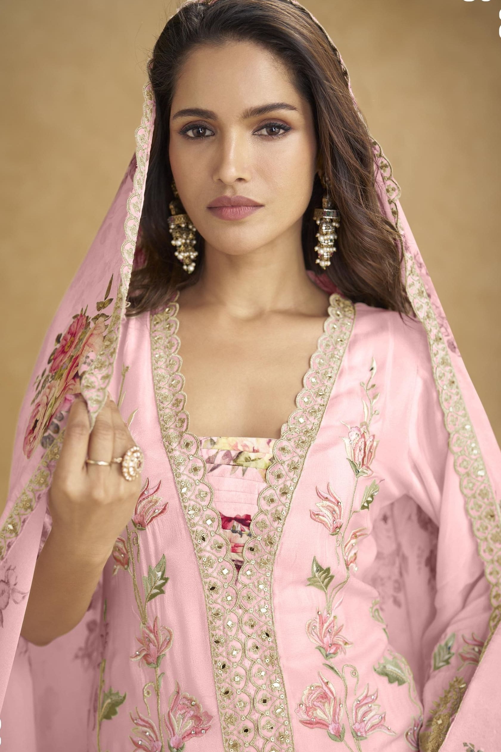 Pastel Pink Chinon Silk Flower Pastel Plazo Suits For Indian & Pakistani Wedding Festival - Sequins & Thread Embroidery Work, Print Work