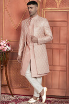Peach Art Silk Indo Western Traditional Sherwani Kurta with Jacket & Pant for Men for Wedding - Thread Embroidery Work