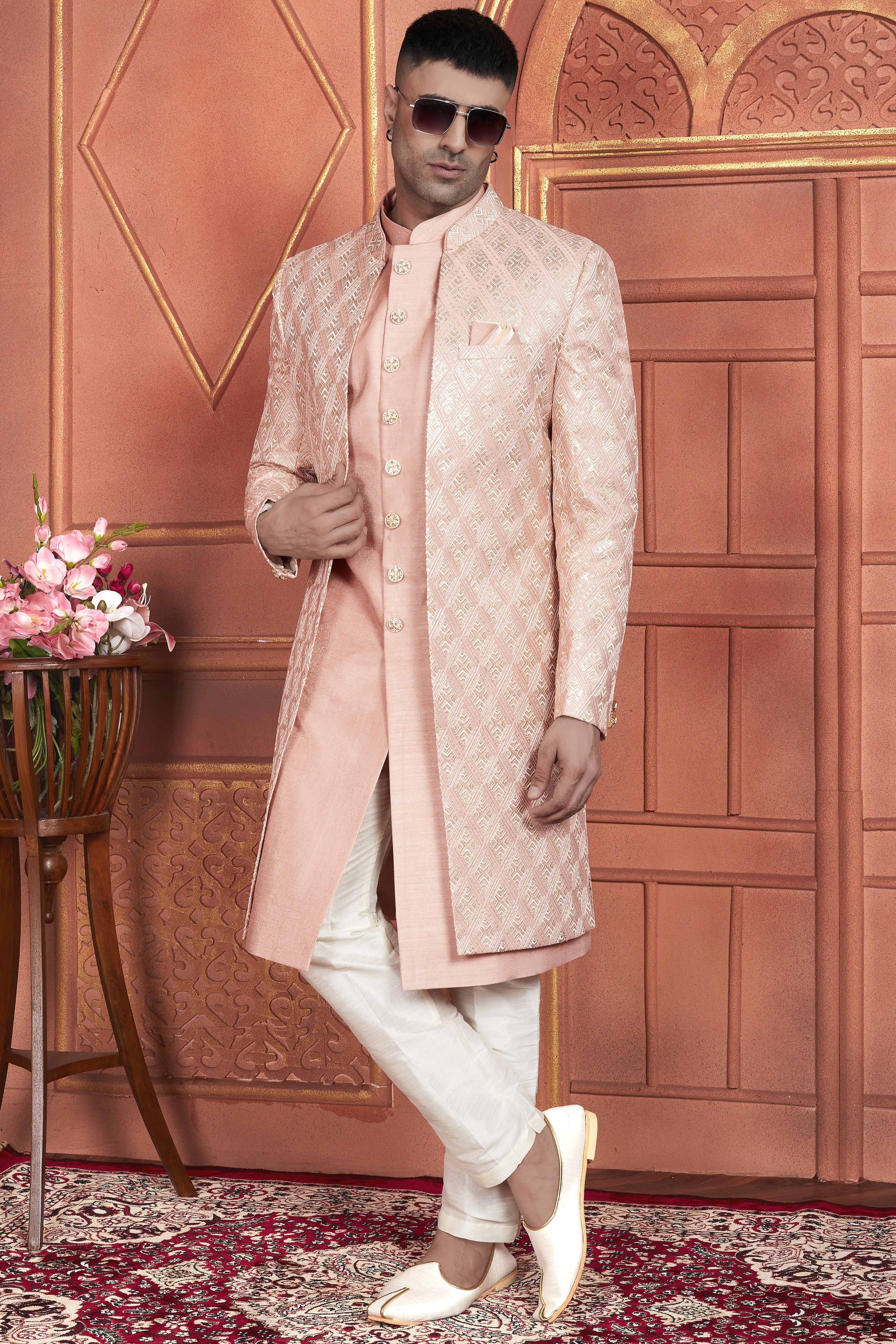 Peach Art Silk Indo Western Traditional Sherwani Kurta with Jacket & Pant for Men for Wedding - Thread Embroidery Work