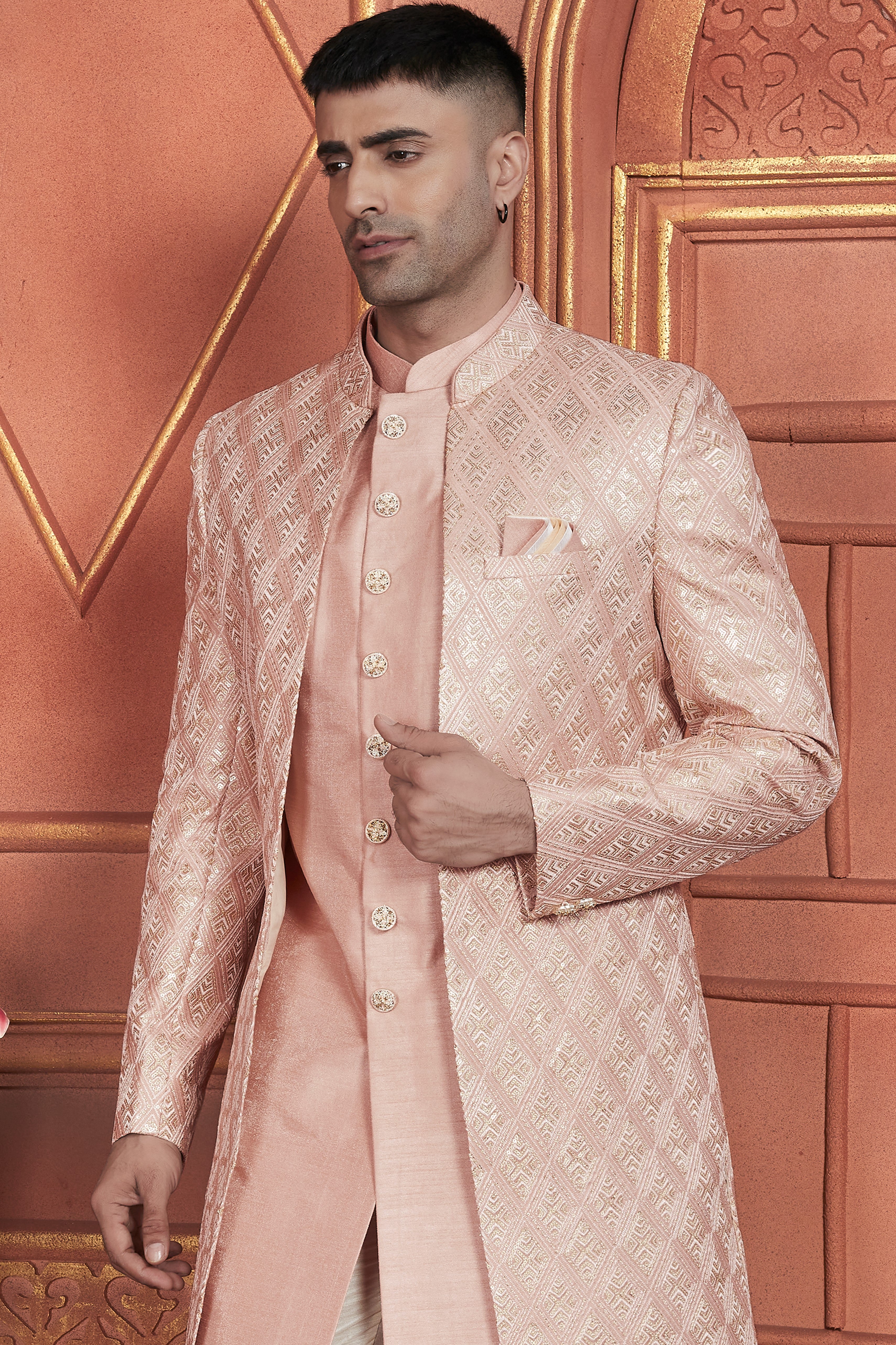 Peach Art Silk Indo Western Traditional Sherwani Kurta with Jacket & Pant for Men for Wedding - Thread Embroidery Work