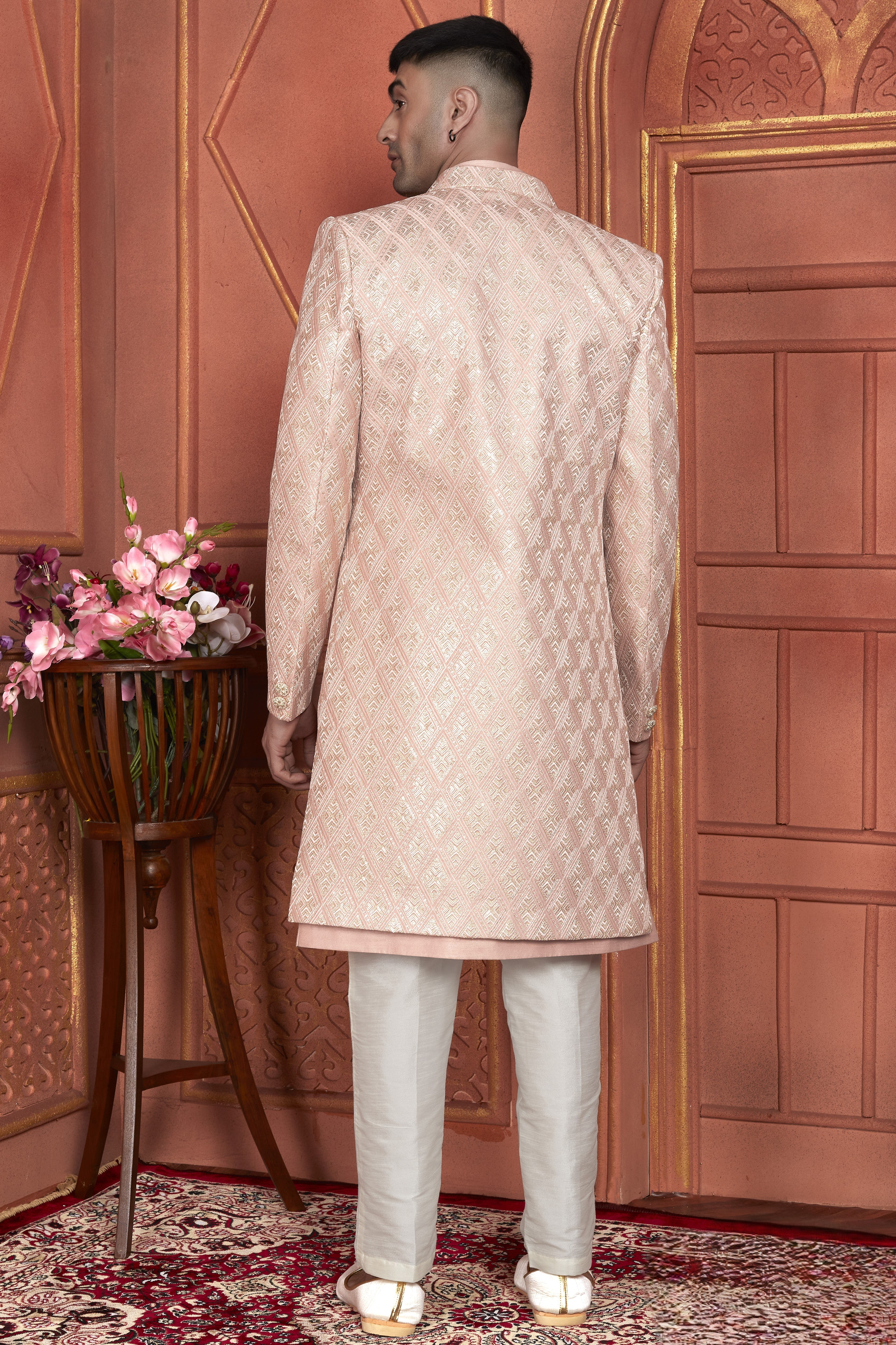 Peach Art Silk Indo Western Traditional Sherwani Kurta with Jacket & Pant for Men for Wedding - Thread Embroidery Work