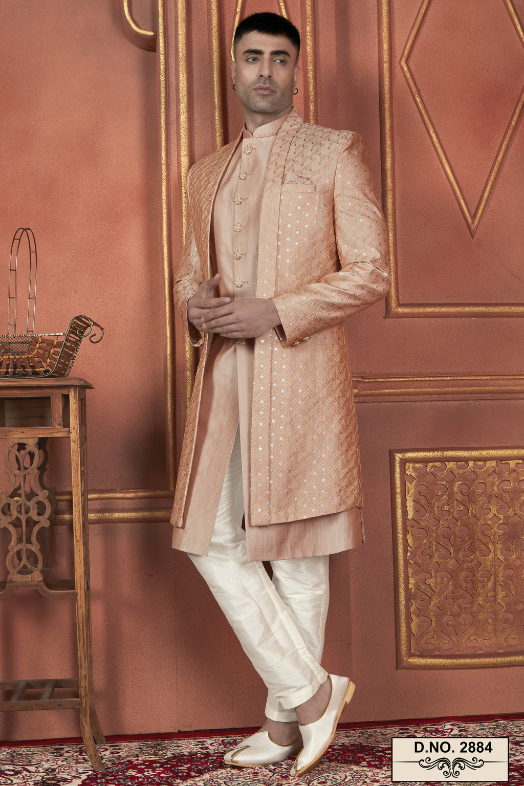 Peach Art Silk Traditional Indo Western Sherwani Kurta with Jacket & Pant Suit for Men - Thread Embroidery Work