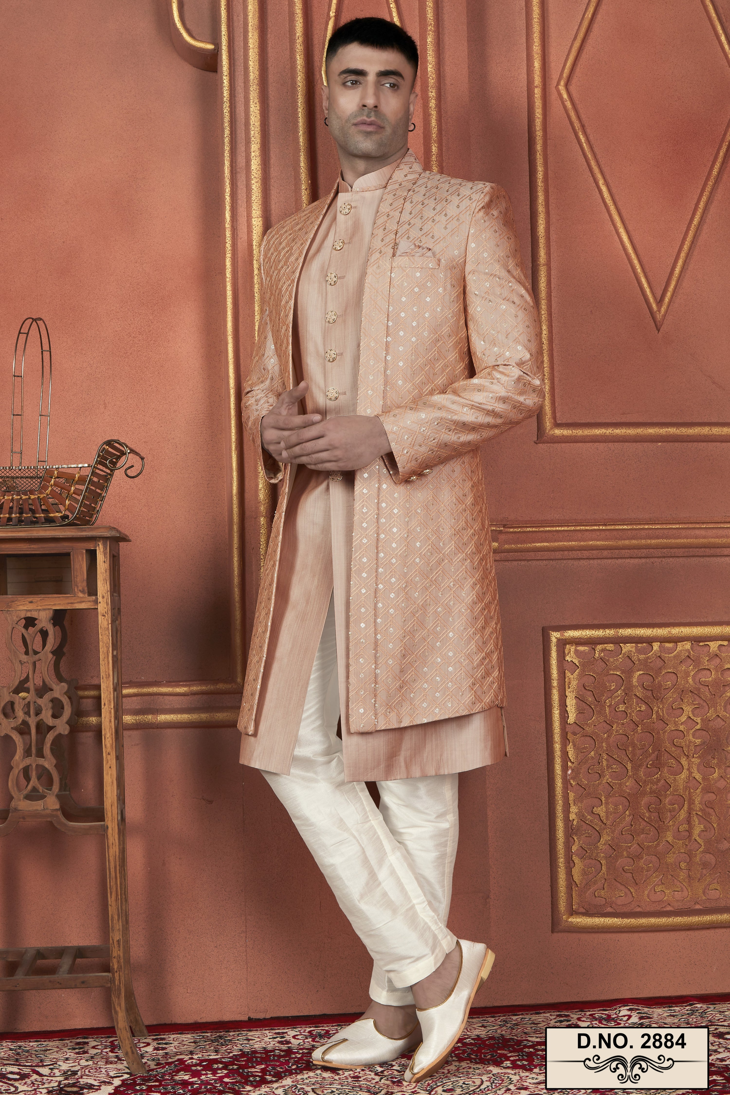 Peach Art Silk Traditional Indo Western Sherwani Kurta with Jacket & Pant Suit for Men - Thread Embroidery Work