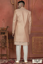Peach Art Silk Traditional Indo Western Sherwani Kurta with Jacket & Pant Suit for Men - Thread Embroidery Work
