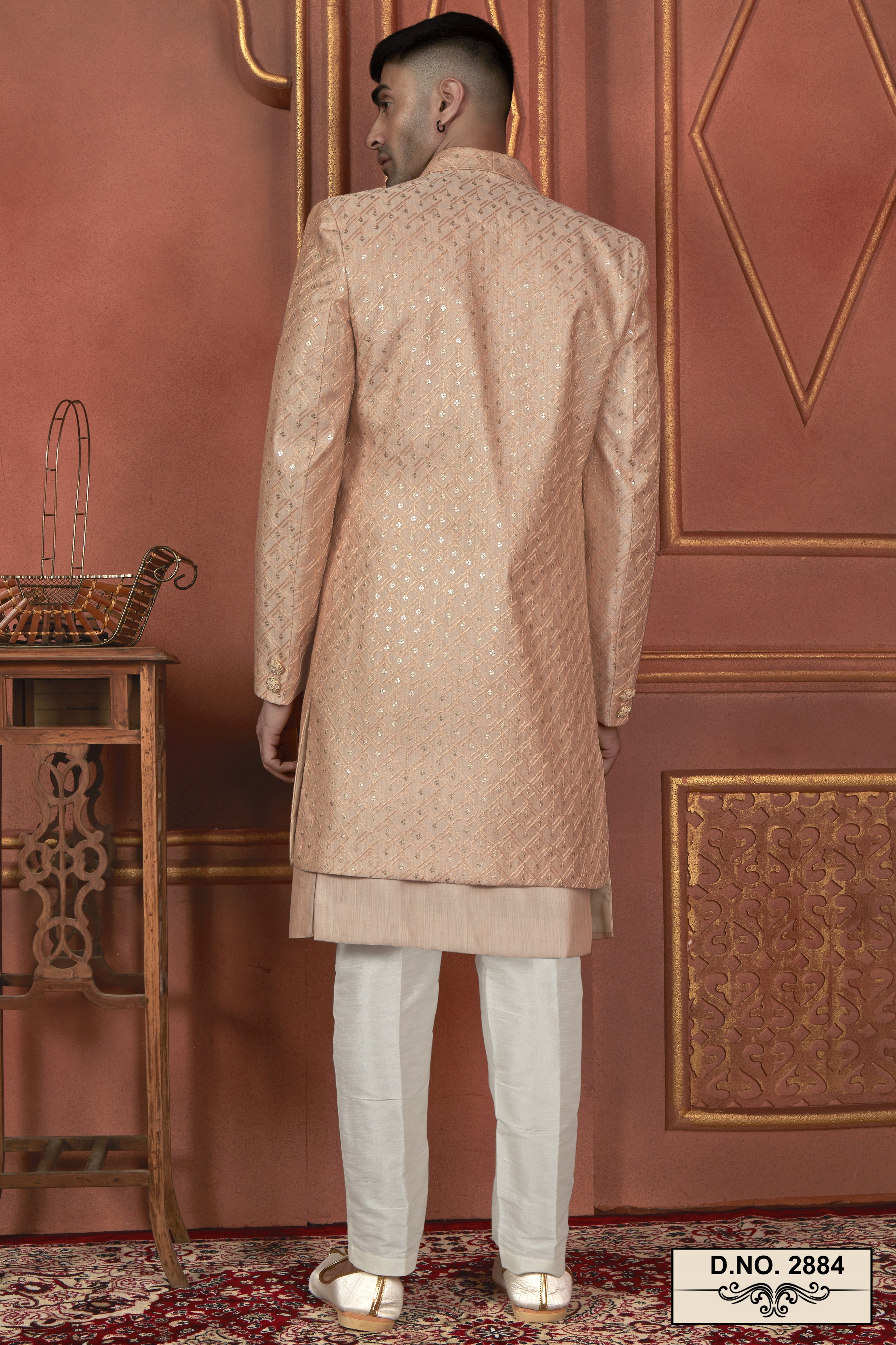 Peach Art Silk Traditional Indo Western Sherwani Kurta with Jacket & Pant Suit for Men - Thread Embroidery Work