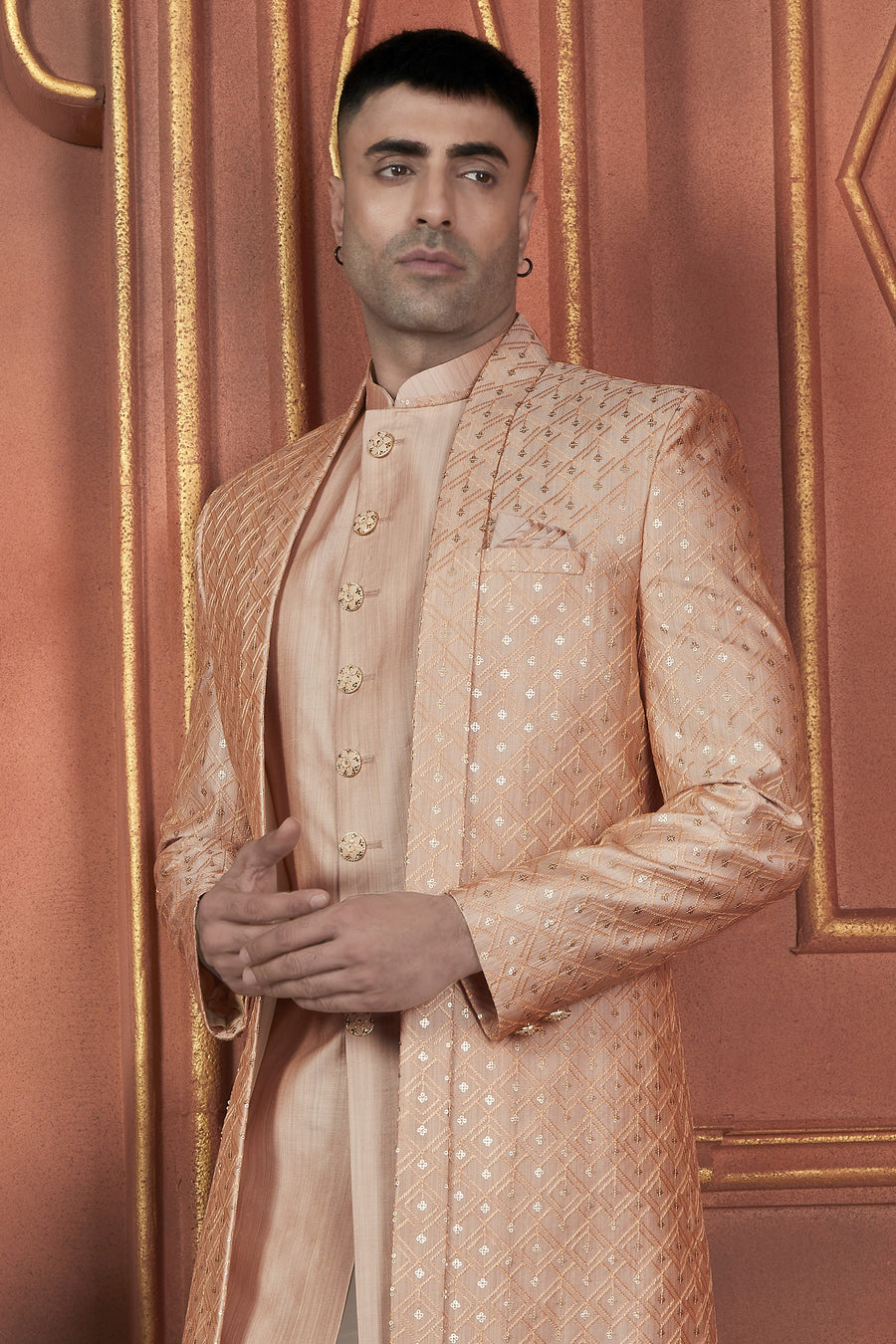 Peach Art Silk Traditional Indo Western Sherwani Kurta with Jacket & Pant Suit for Men - Thread Embroidery Work