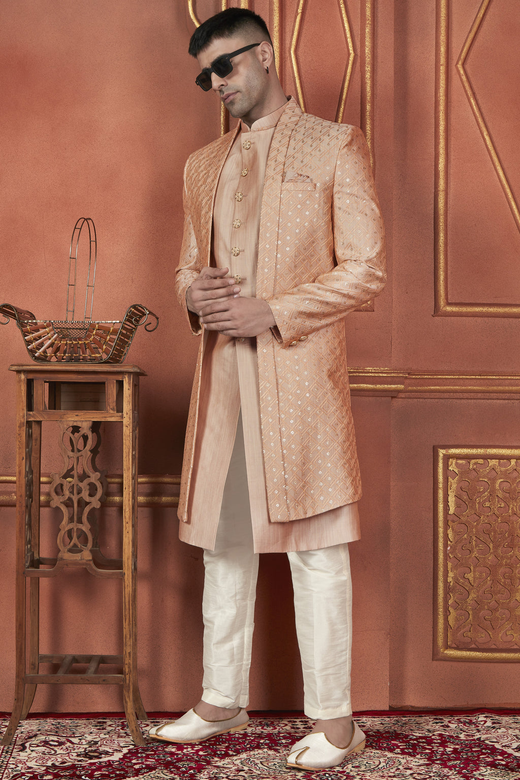 Peach Art Silk Traditional Indo Western Sherwani Kurta with Jacket & Pant Suit for Men - Thread Embroidery Work