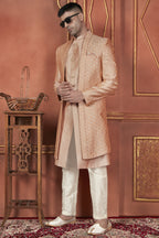 Peach Art Silk Traditional Indo Western Sherwani Kurta with Jacket & Pant Suit for Men - Thread Embroidery Work