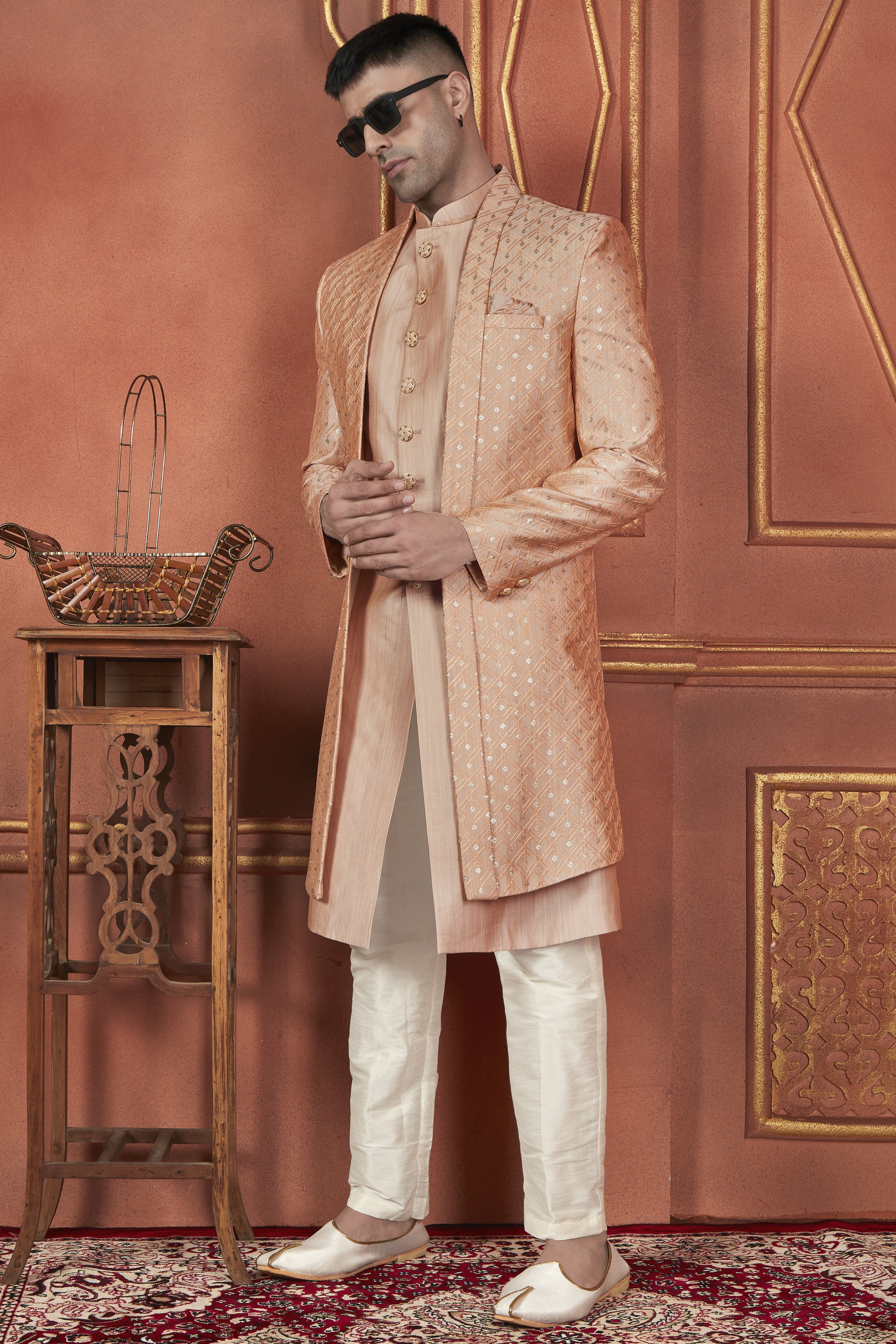 Peach Art Silk Traditional Indo Western Sherwani Kurta with Jacket & Pant Suit for Men - Thread Embroidery Work