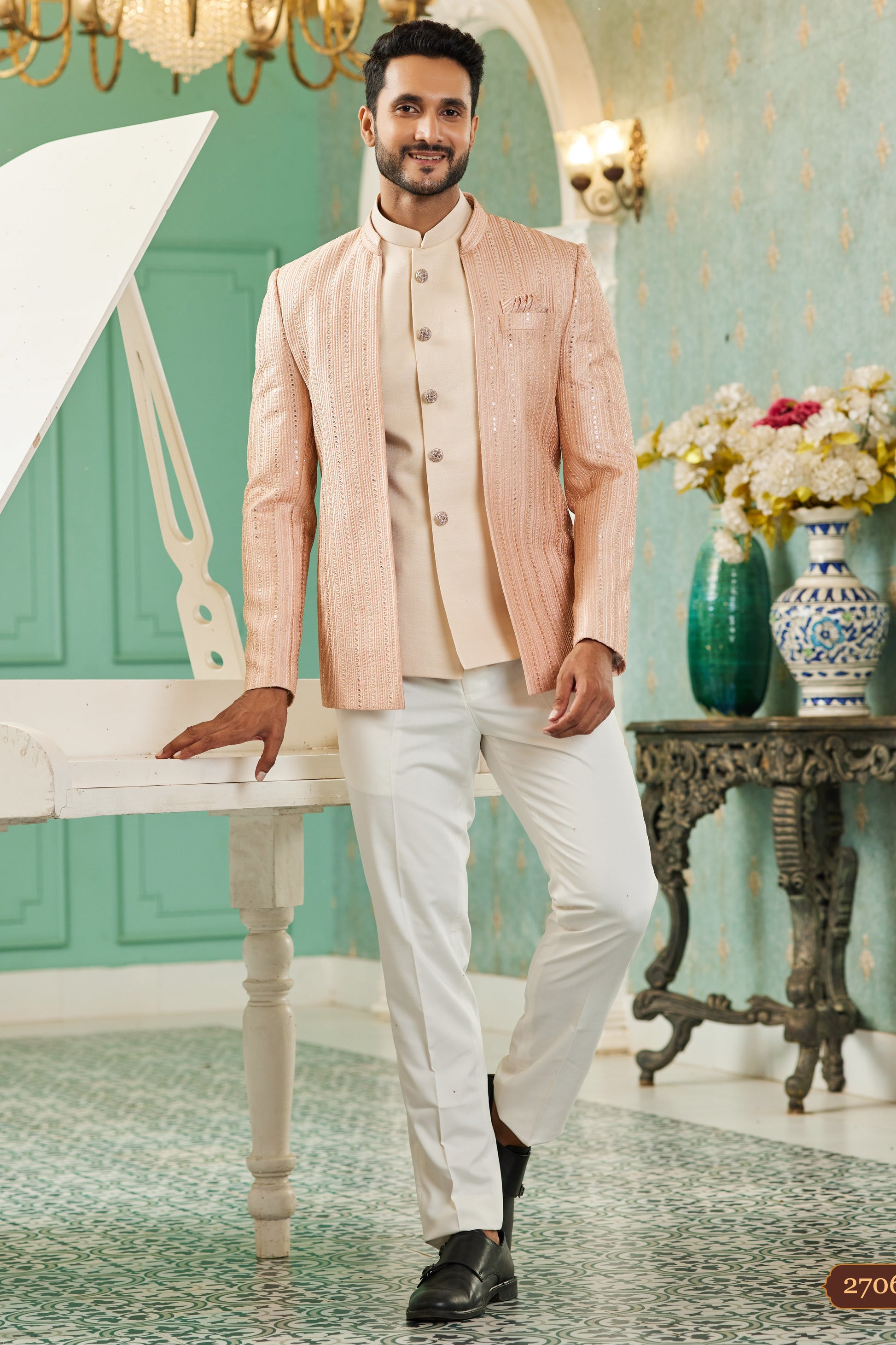 Shop Peach Traditional Jodhpuri Suits, Jacket Pant for Men